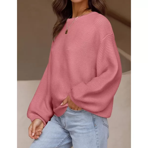 ZESICA Womens 2024 Crew Neck Long Lantern Sleeve Casual Loose Ribbed Knit Solid Soft Pullover Sweater TopsPink