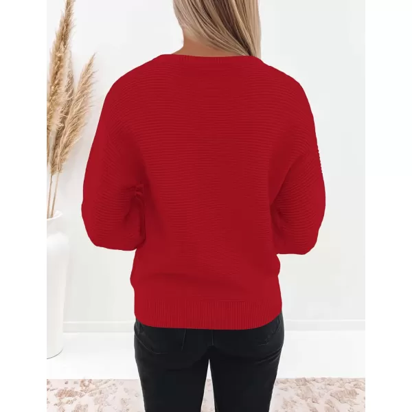 ZESICA Womens 2024 Crew Neck Long Lantern Sleeve Casual Loose Ribbed Knit Solid Soft Pullover Sweater TopsRed