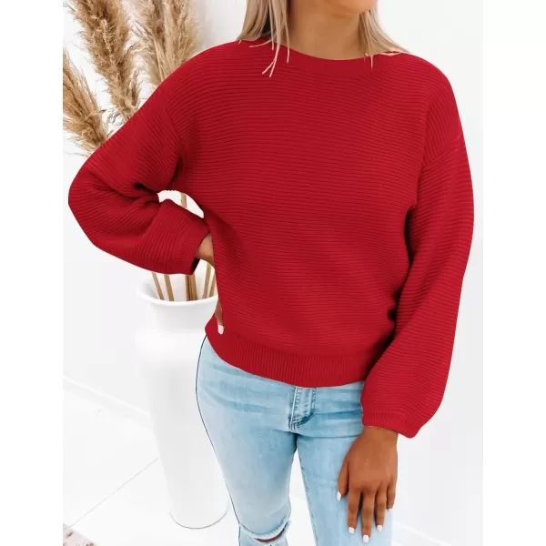 ZESICA Womens 2024 Crew Neck Long Lantern Sleeve Casual Loose Ribbed Knit Solid Soft Pullover Sweater TopsRed