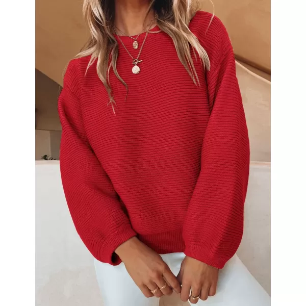ZESICA Womens 2024 Crew Neck Long Lantern Sleeve Casual Loose Ribbed Knit Solid Soft Pullover Sweater TopsRed