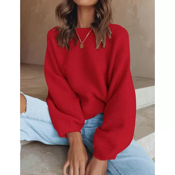 ZESICA Womens 2024 Crew Neck Long Lantern Sleeve Casual Loose Ribbed Knit Solid Soft Pullover Sweater TopsRed