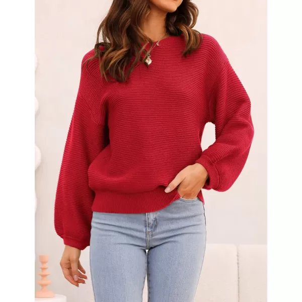 ZESICA Womens 2024 Crew Neck Long Lantern Sleeve Casual Loose Ribbed Knit Solid Soft Pullover Sweater TopsRed