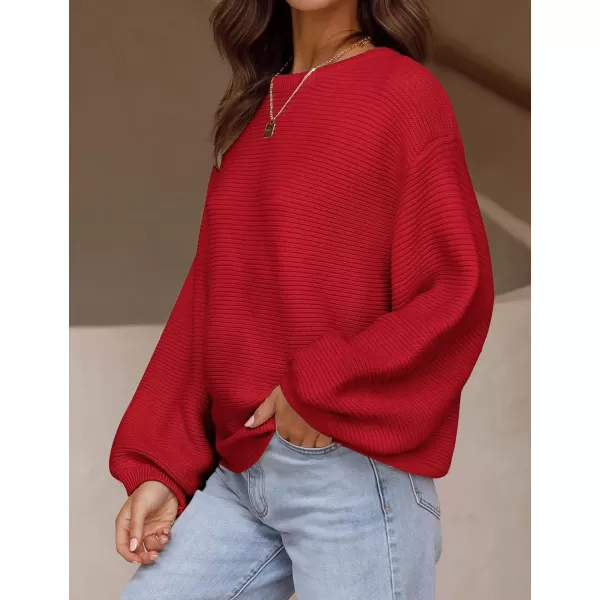 ZESICA Womens 2024 Crew Neck Long Lantern Sleeve Casual Loose Ribbed Knit Solid Soft Pullover Sweater TopsRed