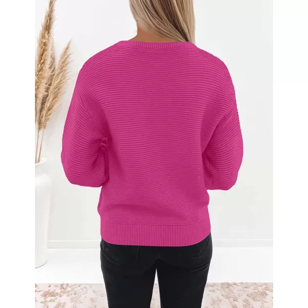 ZESICA Womens 2024 Crew Neck Long Lantern Sleeve Casual Loose Ribbed Knit Solid Soft Pullover Sweater TopsRose