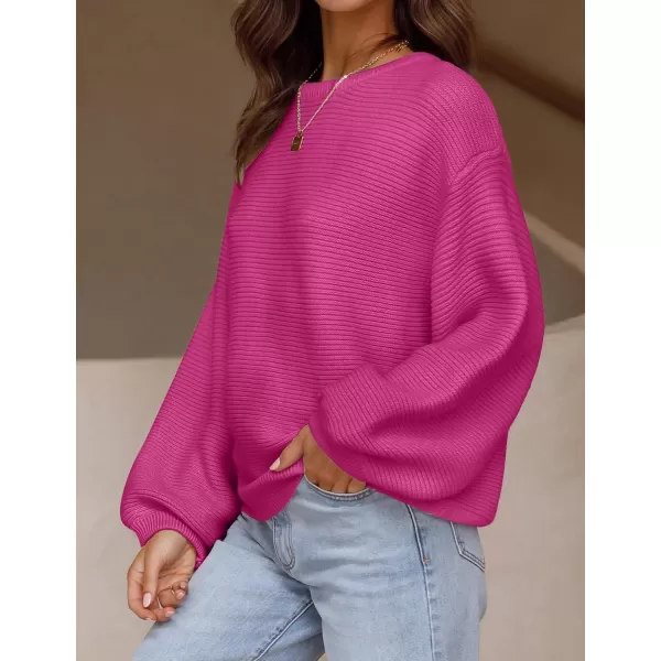 ZESICA Womens 2024 Crew Neck Long Lantern Sleeve Casual Loose Ribbed Knit Solid Soft Pullover Sweater TopsRose