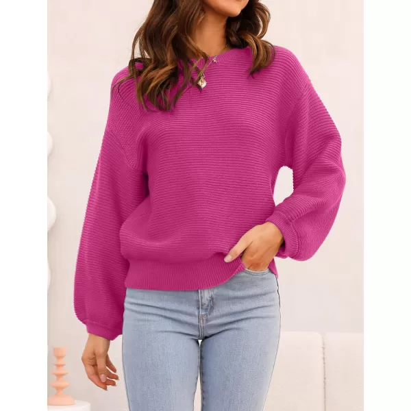 ZESICA Womens 2024 Crew Neck Long Lantern Sleeve Casual Loose Ribbed Knit Solid Soft Pullover Sweater TopsRose