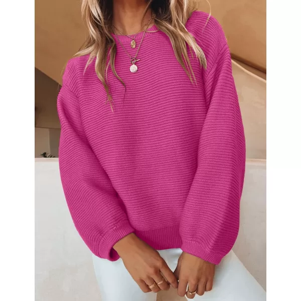 ZESICA Womens 2024 Crew Neck Long Lantern Sleeve Casual Loose Ribbed Knit Solid Soft Pullover Sweater TopsRose