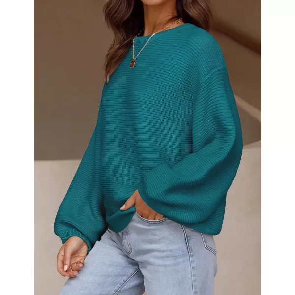 ZESICA Womens 2024 Crew Neck Long Lantern Sleeve Casual Loose Ribbed Knit Solid Soft Pullover Sweater TopsTeal