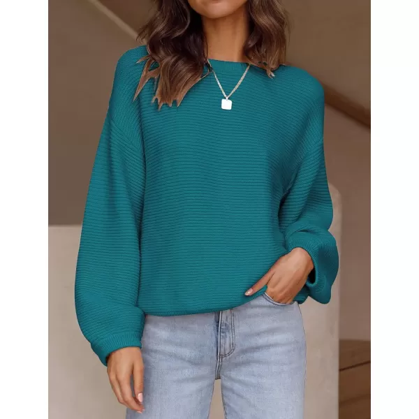 ZESICA Womens 2024 Crew Neck Long Lantern Sleeve Casual Loose Ribbed Knit Solid Soft Pullover Sweater TopsTeal