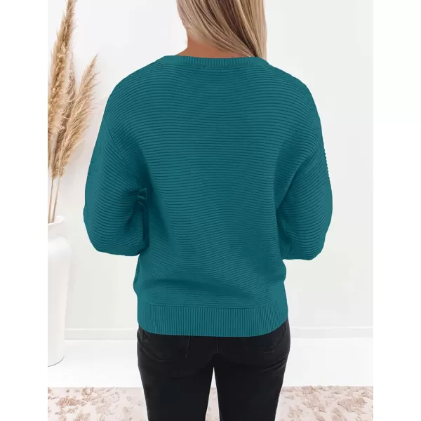 ZESICA Womens 2024 Crew Neck Long Lantern Sleeve Casual Loose Ribbed Knit Solid Soft Pullover Sweater TopsTeal