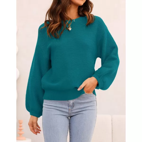 ZESICA Womens 2024 Crew Neck Long Lantern Sleeve Casual Loose Ribbed Knit Solid Soft Pullover Sweater TopsTeal