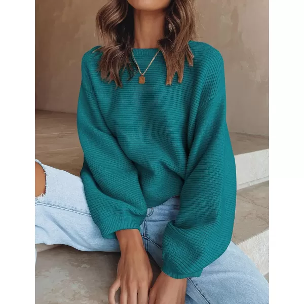 ZESICA Womens 2024 Crew Neck Long Lantern Sleeve Casual Loose Ribbed Knit Solid Soft Pullover Sweater TopsTeal