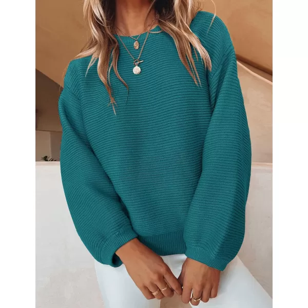 ZESICA Womens 2024 Crew Neck Long Lantern Sleeve Casual Loose Ribbed Knit Solid Soft Pullover Sweater TopsTeal