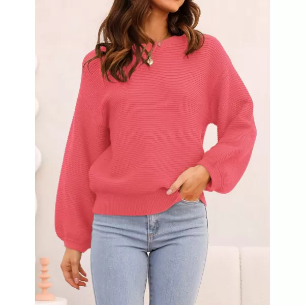 ZESICA Womens 2024 Crew Neck Long Lantern Sleeve Casual Loose Ribbed Knit Solid Soft Pullover Sweater TopsWatermelon