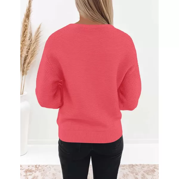 ZESICA Womens 2024 Crew Neck Long Lantern Sleeve Casual Loose Ribbed Knit Solid Soft Pullover Sweater TopsWatermelon