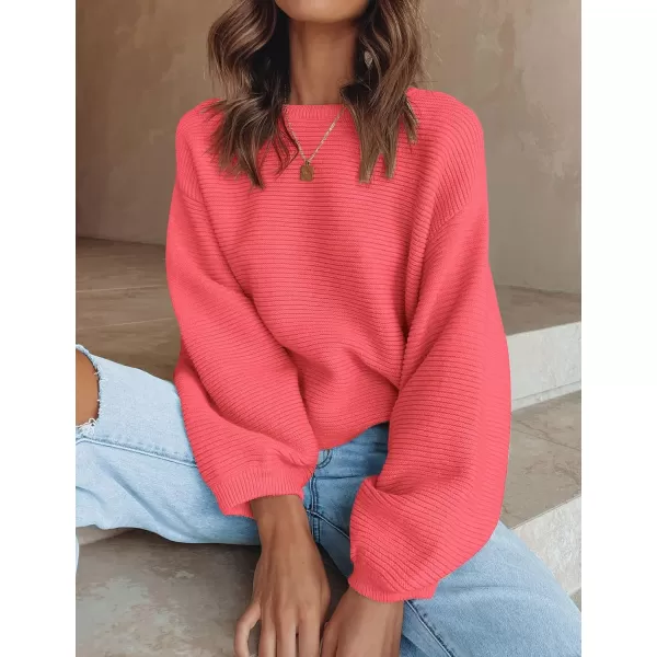 ZESICA Womens 2024 Crew Neck Long Lantern Sleeve Casual Loose Ribbed Knit Solid Soft Pullover Sweater TopsWatermelon