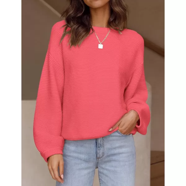 ZESICA Womens 2024 Crew Neck Long Lantern Sleeve Casual Loose Ribbed Knit Solid Soft Pullover Sweater TopsWatermelon