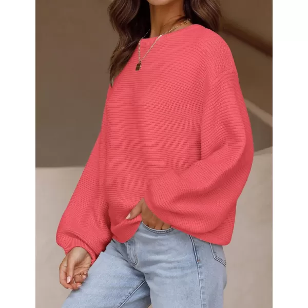 ZESICA Womens 2024 Crew Neck Long Lantern Sleeve Casual Loose Ribbed Knit Solid Soft Pullover Sweater TopsWatermelon