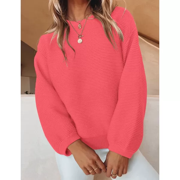 ZESICA Womens 2024 Crew Neck Long Lantern Sleeve Casual Loose Ribbed Knit Solid Soft Pullover Sweater TopsWatermelon