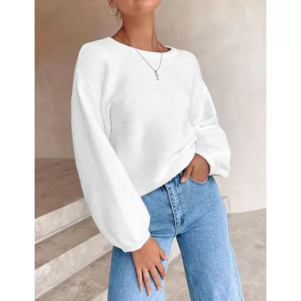 ZESICA Womens 2024 Crew Neck Long Lantern Sleeve Casual Loose Ribbed Knit Solid Soft Pullover Sweater TopsWhite