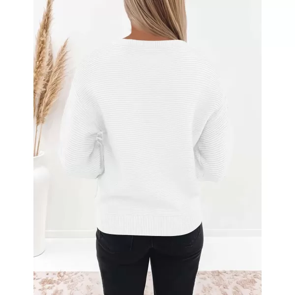 ZESICA Womens 2024 Crew Neck Long Lantern Sleeve Casual Loose Ribbed Knit Solid Soft Pullover Sweater TopsWhite