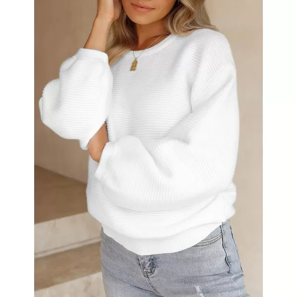 ZESICA Womens 2024 Crew Neck Long Lantern Sleeve Casual Loose Ribbed Knit Solid Soft Pullover Sweater TopsWhite