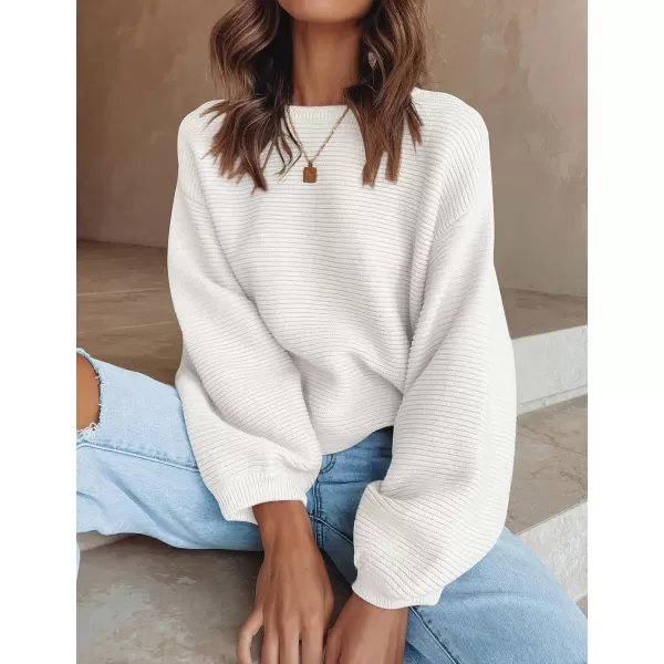 ZESICA Womens 2024 Crew Neck Long Lantern Sleeve Casual Loose Ribbed Knit Solid Soft Pullover Sweater TopsWhite