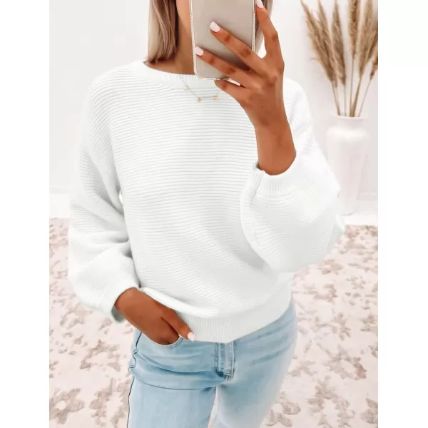 ZESICA Womens 2024 Crew Neck Long Lantern Sleeve Casual Loose Ribbed Knit Solid Soft Pullover Sweater TopsWhite