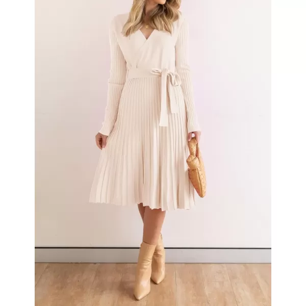 ZESICA Womens 2024 Fall Long Sleeve Wrap V Neck Ribbed Knit Pleated A Line Pullover Sweater Dress with BeltApricot