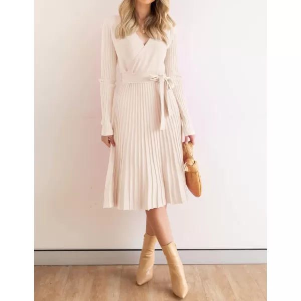 ZESICA Womens 2024 Fall Long Sleeve Wrap V Neck Ribbed Knit Pleated A Line Pullover Sweater Dress with BeltApricot