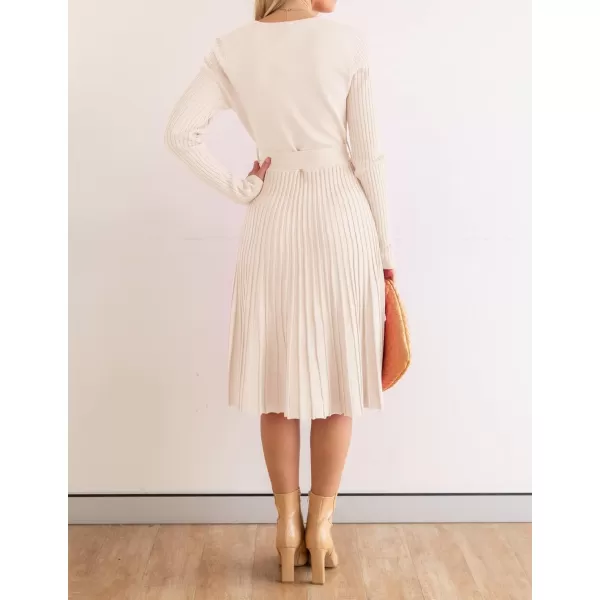 ZESICA Womens 2024 Fall Long Sleeve Wrap V Neck Ribbed Knit Pleated A Line Pullover Sweater Dress with BeltApricot