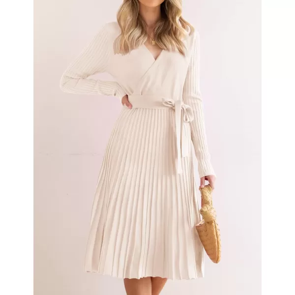 ZESICA Womens 2024 Fall Long Sleeve Wrap V Neck Ribbed Knit Pleated A Line Pullover Sweater Dress with BeltApricot