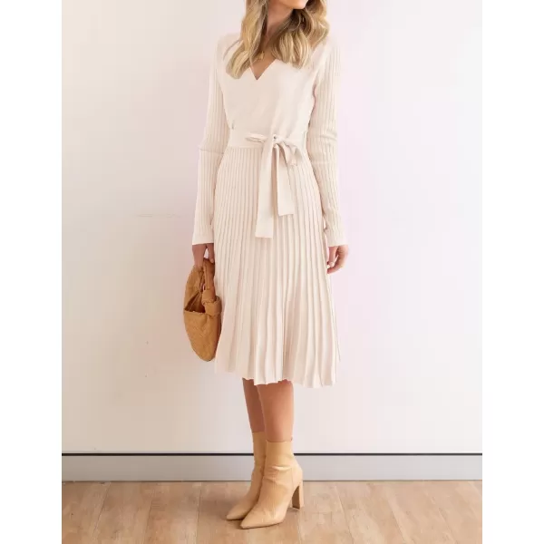 ZESICA Womens 2024 Fall Long Sleeve Wrap V Neck Ribbed Knit Pleated A Line Pullover Sweater Dress with BeltApricot