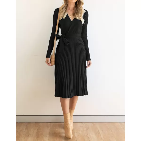ZESICA Womens 2024 Fall Long Sleeve Wrap V Neck Ribbed Knit Pleated A Line Pullover Sweater Dress with BeltBlack
