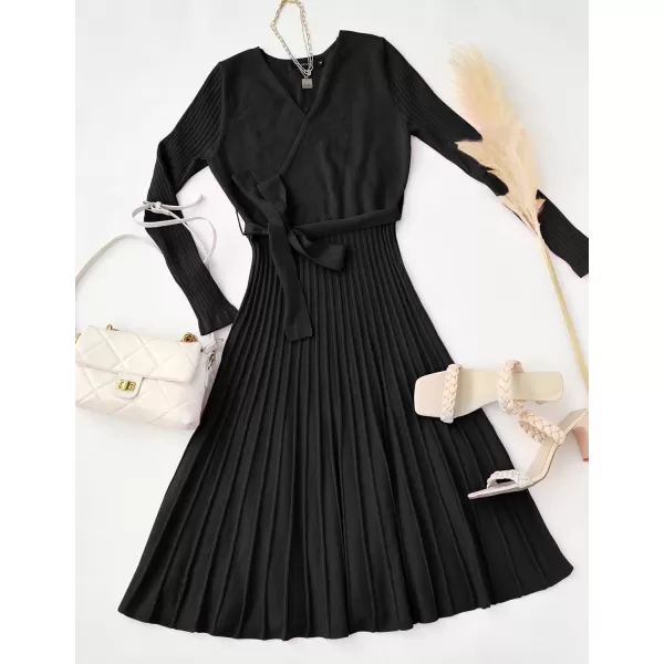 ZESICA Womens 2024 Fall Long Sleeve Wrap V Neck Ribbed Knit Pleated A Line Pullover Sweater Dress with BeltBlack