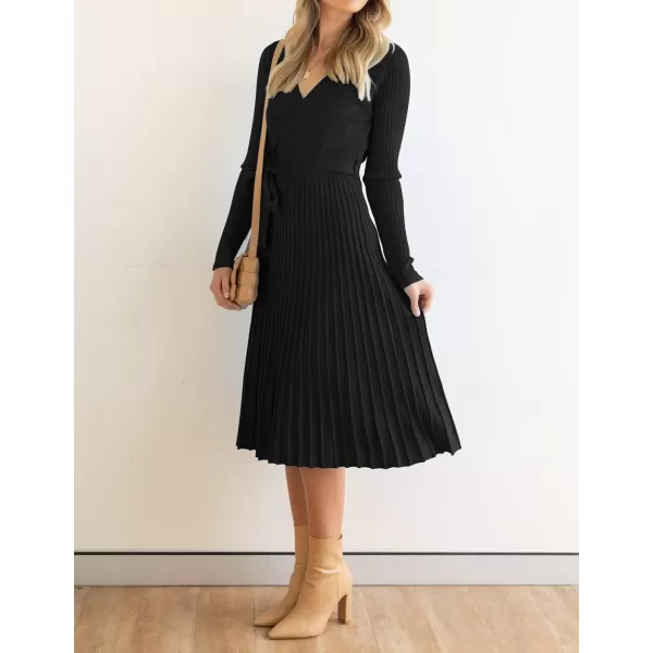 ZESICA Womens 2024 Fall Long Sleeve Wrap V Neck Ribbed Knit Pleated A Line Pullover Sweater Dress with BeltBlack
