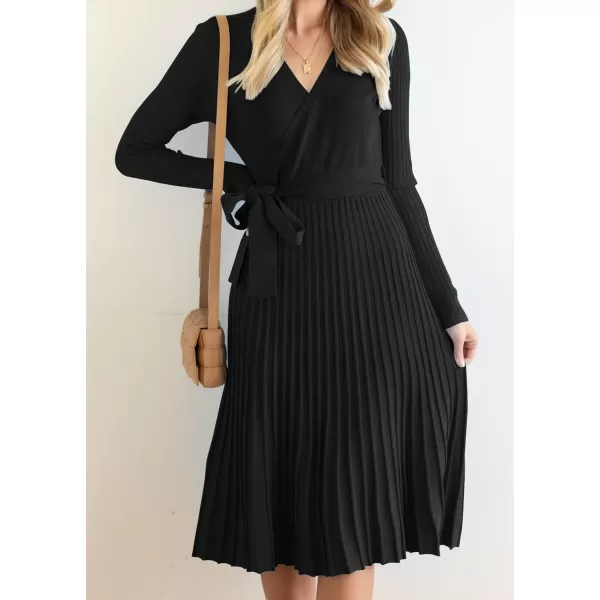 ZESICA Womens 2024 Fall Long Sleeve Wrap V Neck Ribbed Knit Pleated A Line Pullover Sweater Dress with BeltBlack