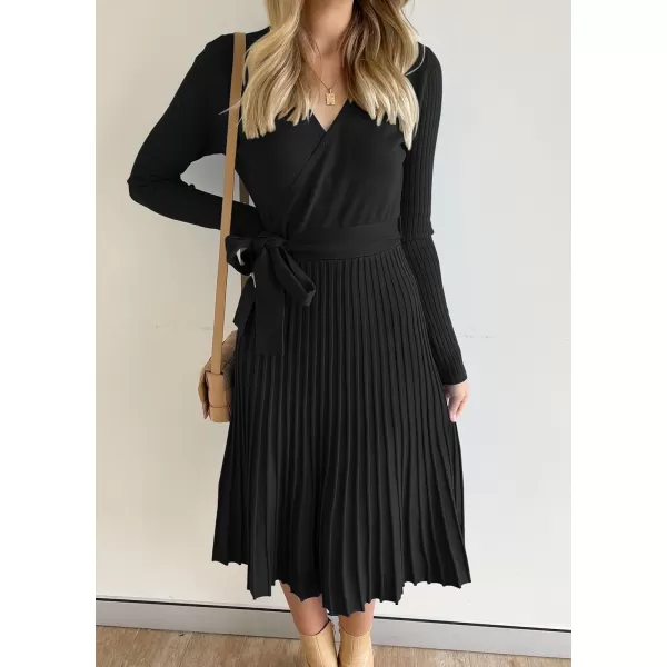 ZESICA Womens 2024 Fall Long Sleeve Wrap V Neck Ribbed Knit Pleated A Line Pullover Sweater Dress with BeltBlack