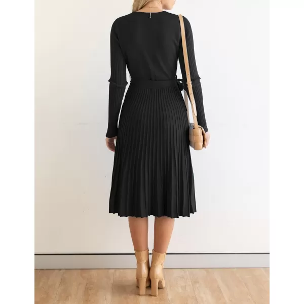 ZESICA Womens 2024 Fall Long Sleeve Wrap V Neck Ribbed Knit Pleated A Line Pullover Sweater Dress with BeltBlack