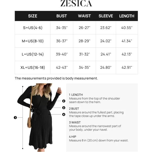 ZESICA Womens 2024 Fall Long Sleeve Wrap V Neck Ribbed Knit Pleated A Line Pullover Sweater Dress with BeltBlack