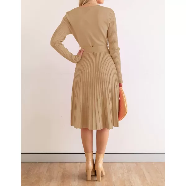 ZESICA Womens 2024 Fall Long Sleeve Wrap V Neck Ribbed Knit Pleated A Line Pullover Sweater Dress with BeltCamel