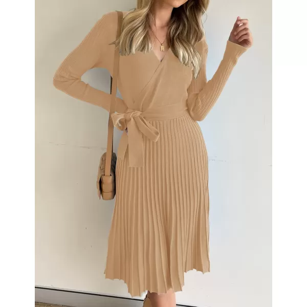 ZESICA Womens 2024 Fall Long Sleeve Wrap V Neck Ribbed Knit Pleated A Line Pullover Sweater Dress with BeltCamel