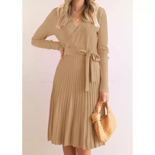 ZESICA Womens 2024 Fall Long Sleeve Wrap V Neck Ribbed Knit Pleated A Line Pullover Sweater Dress with BeltCamel