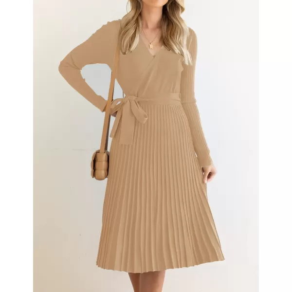 ZESICA Womens 2024 Fall Long Sleeve Wrap V Neck Ribbed Knit Pleated A Line Pullover Sweater Dress with BeltCamel