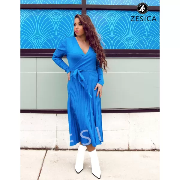ZESICA Womens 2024 Fall Long Sleeve Wrap V Neck Ribbed Knit Pleated A Line Pullover Sweater Dress with BeltCobaltblue