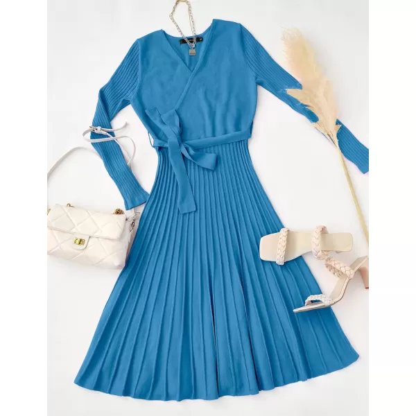 ZESICA Womens 2024 Fall Long Sleeve Wrap V Neck Ribbed Knit Pleated A Line Pullover Sweater Dress with BeltCobaltblue