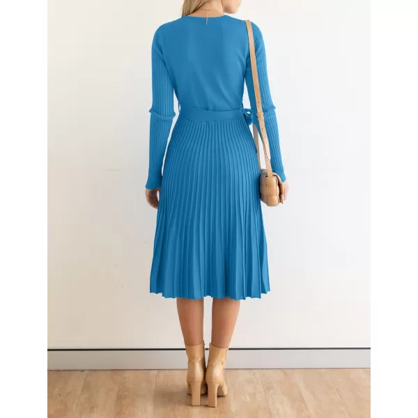ZESICA Womens 2024 Fall Long Sleeve Wrap V Neck Ribbed Knit Pleated A Line Pullover Sweater Dress with BeltCobaltblue