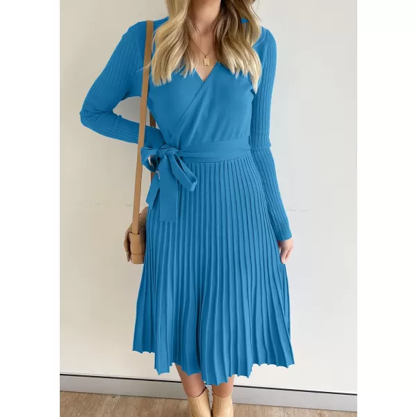 ZESICA Womens 2024 Fall Long Sleeve Wrap V Neck Ribbed Knit Pleated A Line Pullover Sweater Dress with BeltCobaltblue
