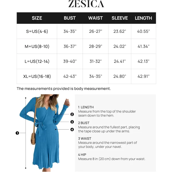 ZESICA Womens 2024 Fall Long Sleeve Wrap V Neck Ribbed Knit Pleated A Line Pullover Sweater Dress with BeltCobaltblue