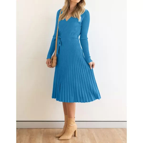 ZESICA Womens 2024 Fall Long Sleeve Wrap V Neck Ribbed Knit Pleated A Line Pullover Sweater Dress with BeltCobaltblue